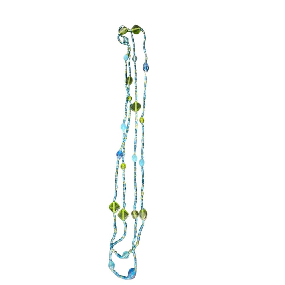 Two strand blue beaded necklace with yellow accents
